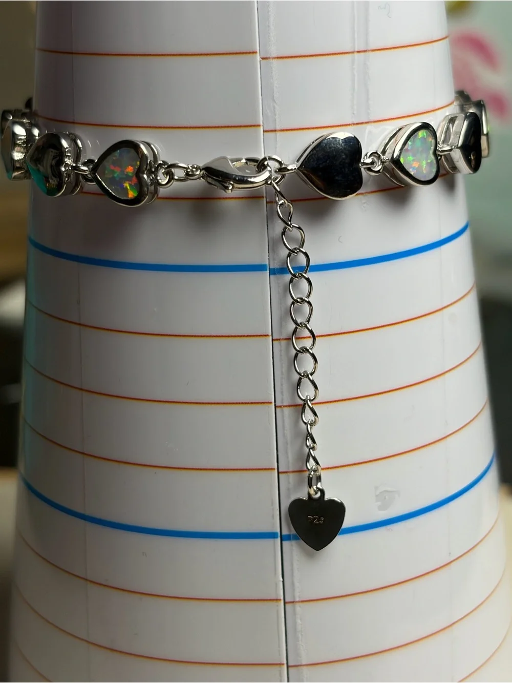 Silver Heart Opal Link Bracelet - Iridescent Pink & Blue